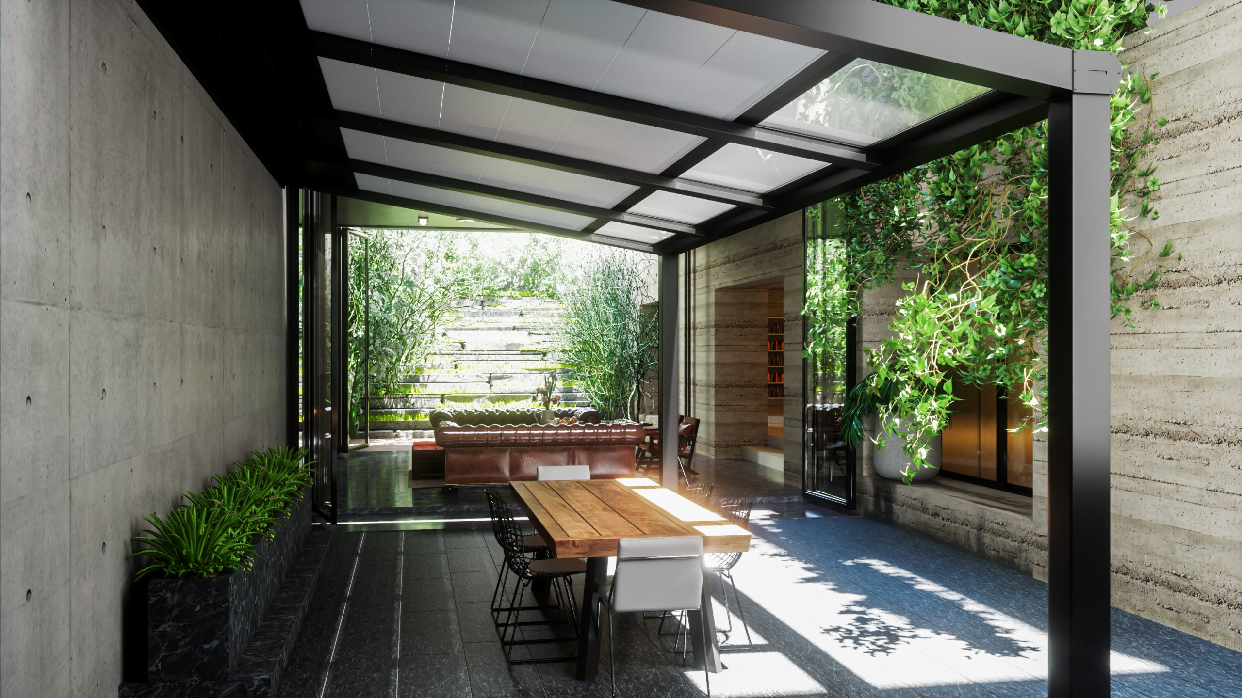 Modernes Terrassendach mit Überdachung und Sitzbereich im Garten